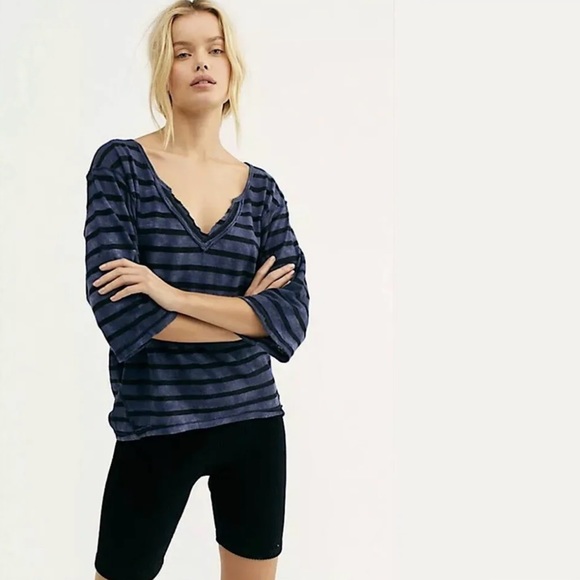 Free People We The Free Head in the Clouds navy striped shirt size large - Picture 1 of 9